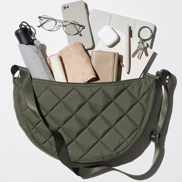 UNIQLO Quilted Round Shoulder Bag Olive Polyester EUC - Picture 2 of 8